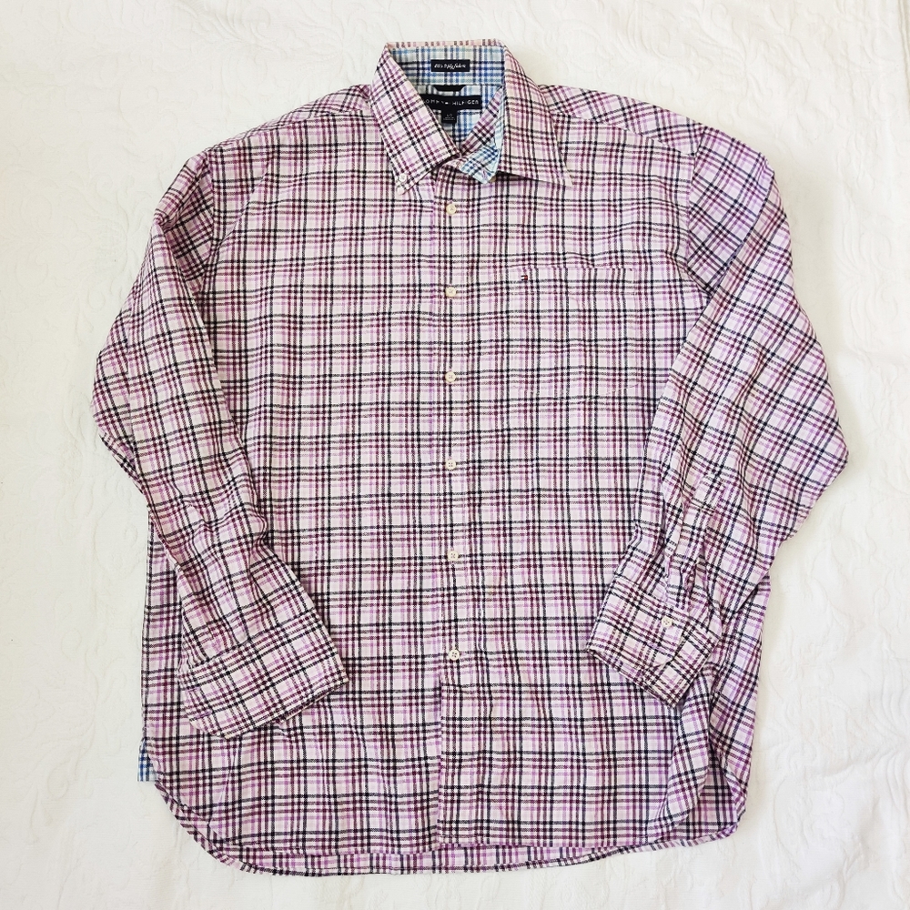 Tommy Hilfiger Oxford  Button Down Shirt. 80's 2-ply fabric. Check Purple. Large